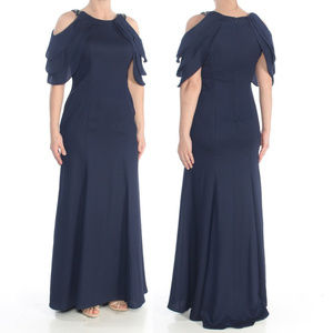 BETSY & ADAM Navy Rhinestone Draped Formal Gown